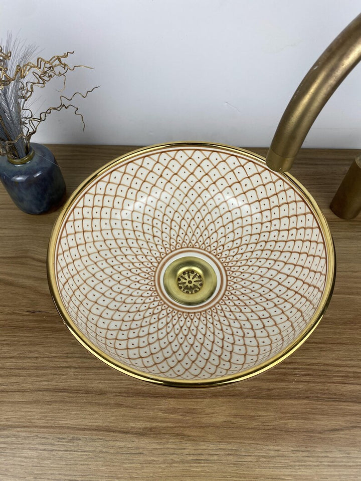 Handmade Moroccan Ceramic Sink Golden Rim 14k Carats #256