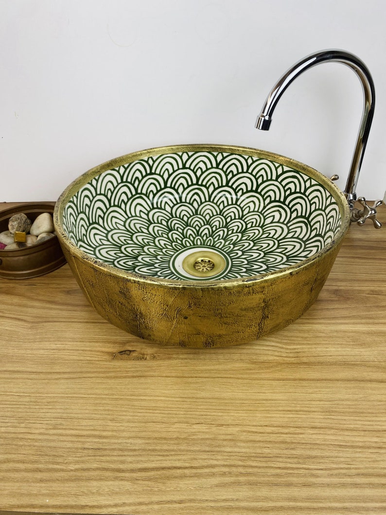 Handmade Moroccan Ceramic Sink with Brass Cover #263