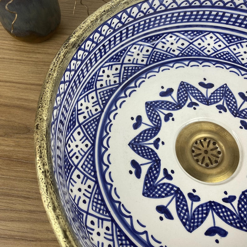 Handmade Moroccan Ceramic Sink with Brass Cover #225