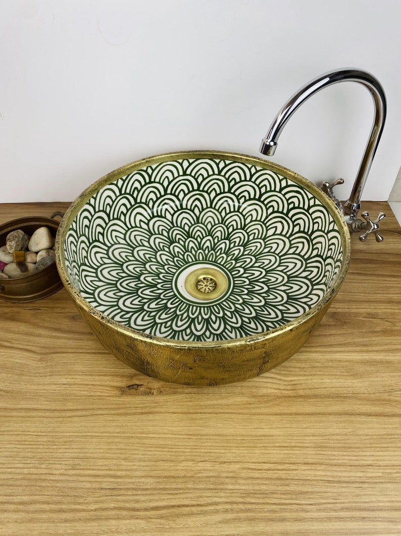 Handmade Moroccan Ceramic Sink with Brass Cover #263