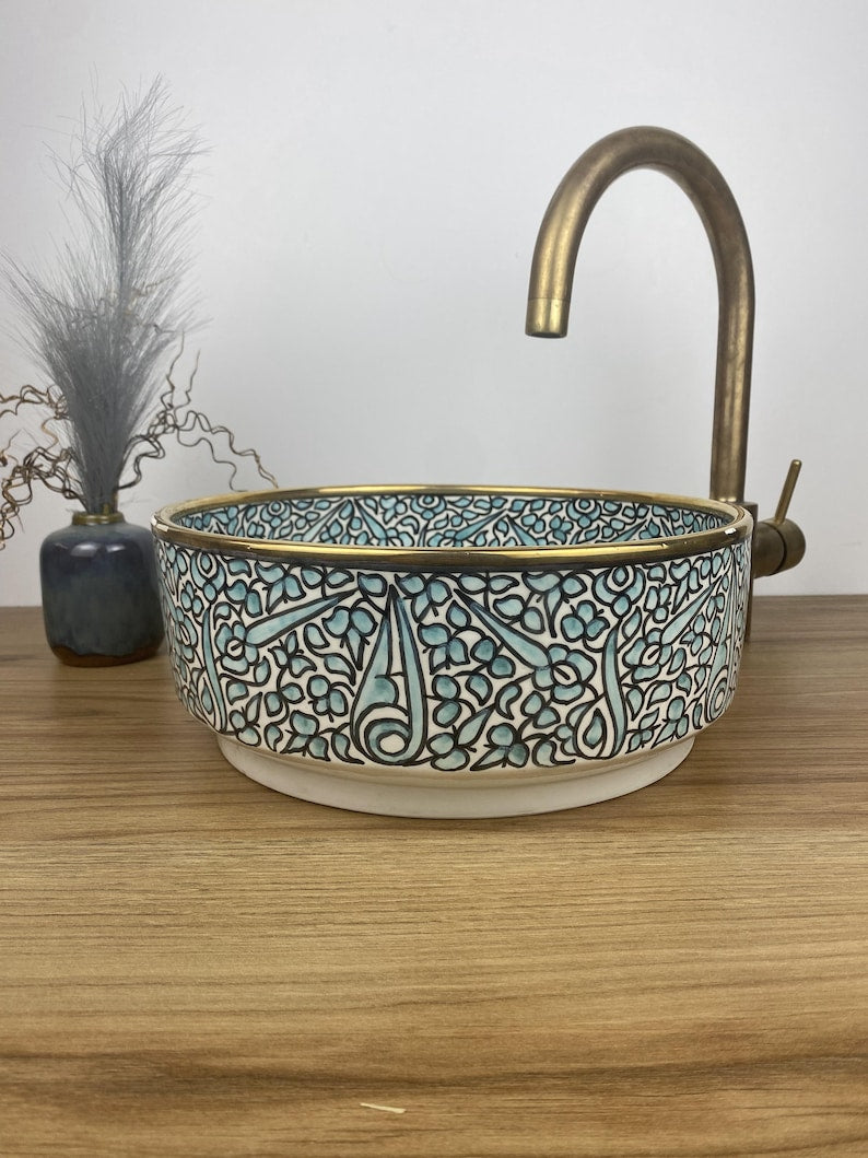 Handmade Moroccan Ceramic Sink Golden Rim 14K Carats #188B