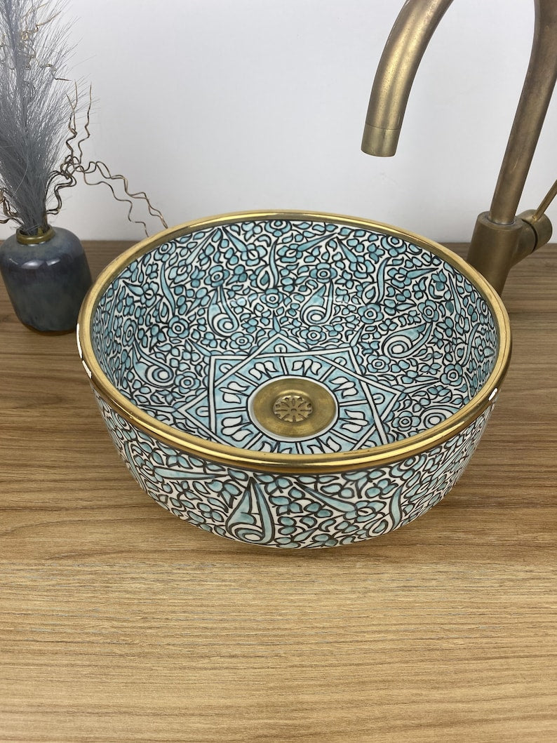 Handmade Moroccan Ceramic Sink Golden Rim 14K Carats #188B