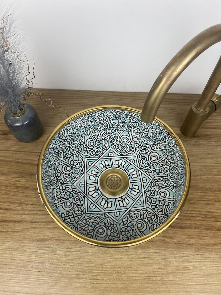 Handmade Moroccan Ceramic Sink Golden Rim 14K Carats #188B