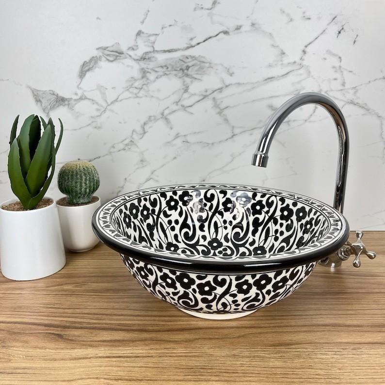 Moroccan sink | moroccan ceramic sink | bathroom sink | moroccan bathroom basin | cloakroom basin | Black and white sink bowl #185JD