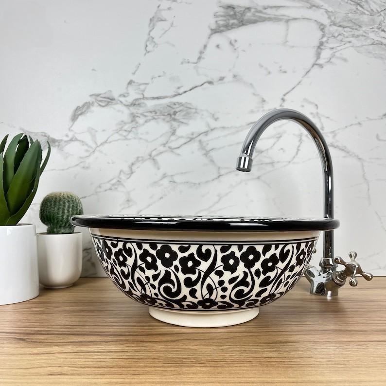 Moroccan sink | moroccan ceramic sink | bathroom sink | moroccan bathroom basin | cloakroom basin | Black and white sink bowl #185JD