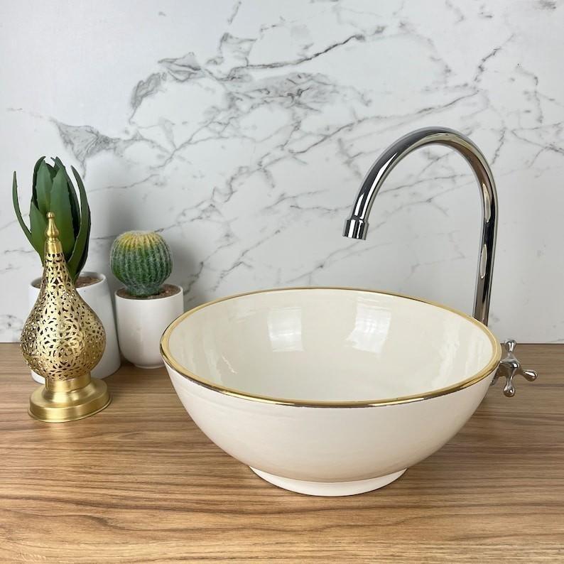 Handmade Moroccan Ceramic Sink Golden rim 14K carat #127BF