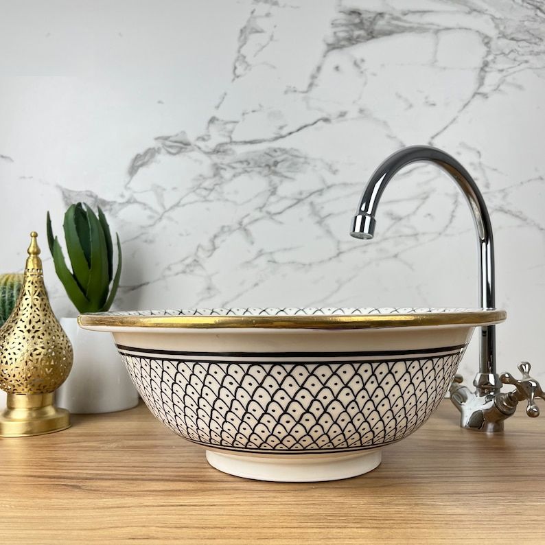 Handmade Moroccan Ceramic Sink Golden Rim 14k Carats #185SA