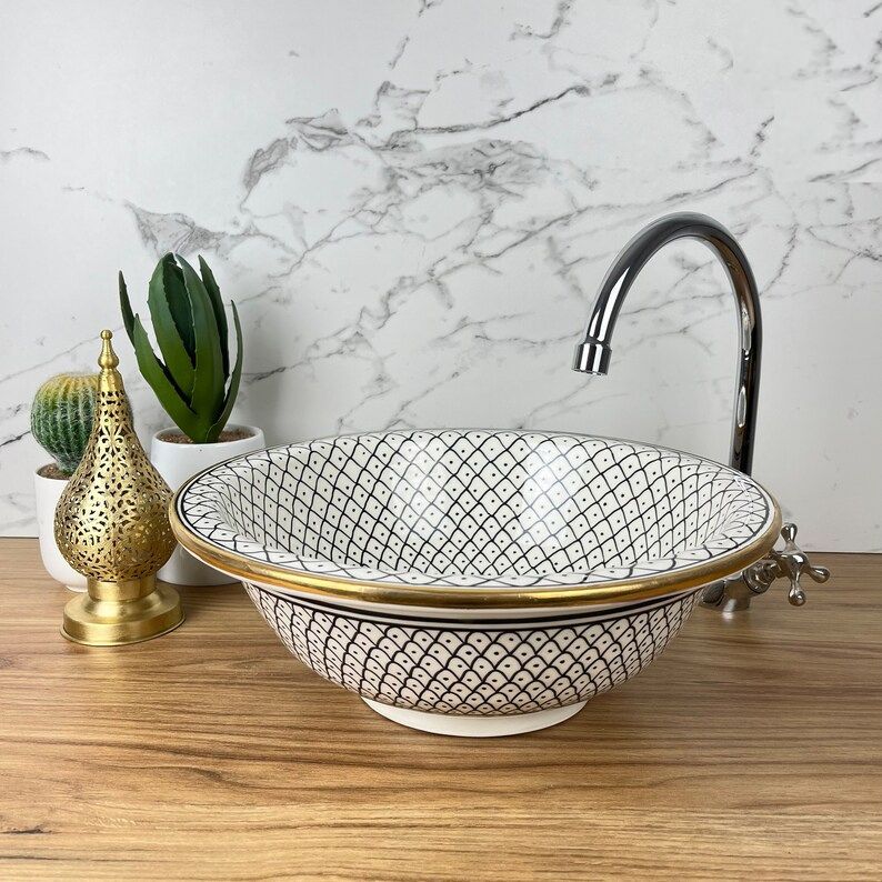 Handmade Moroccan Ceramic Sink Golden Rim 14k Carats #185SA