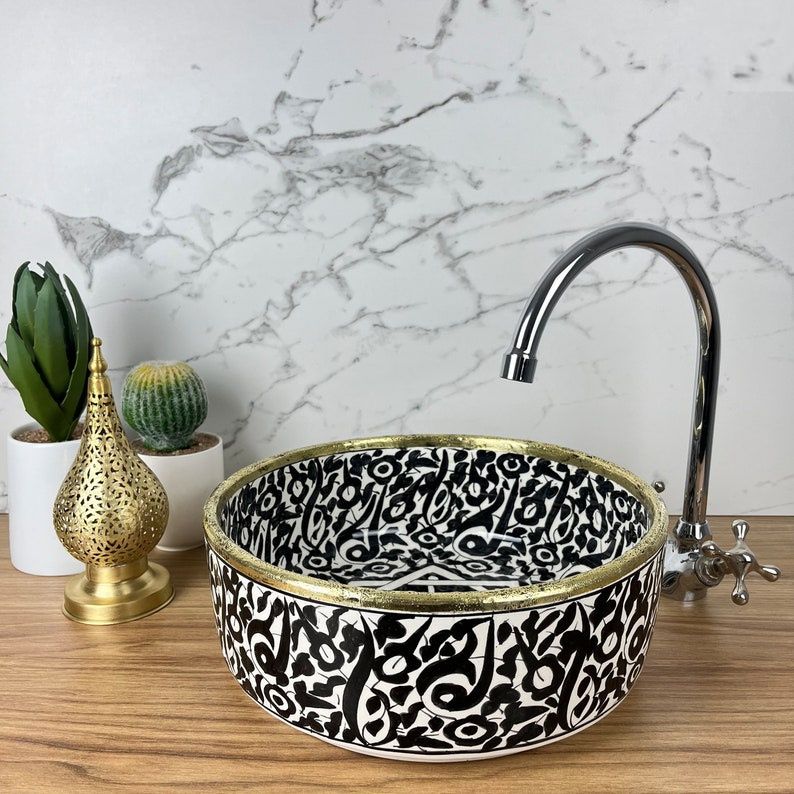 Handmade Moroccan Ceramic Sink brass rim #129C