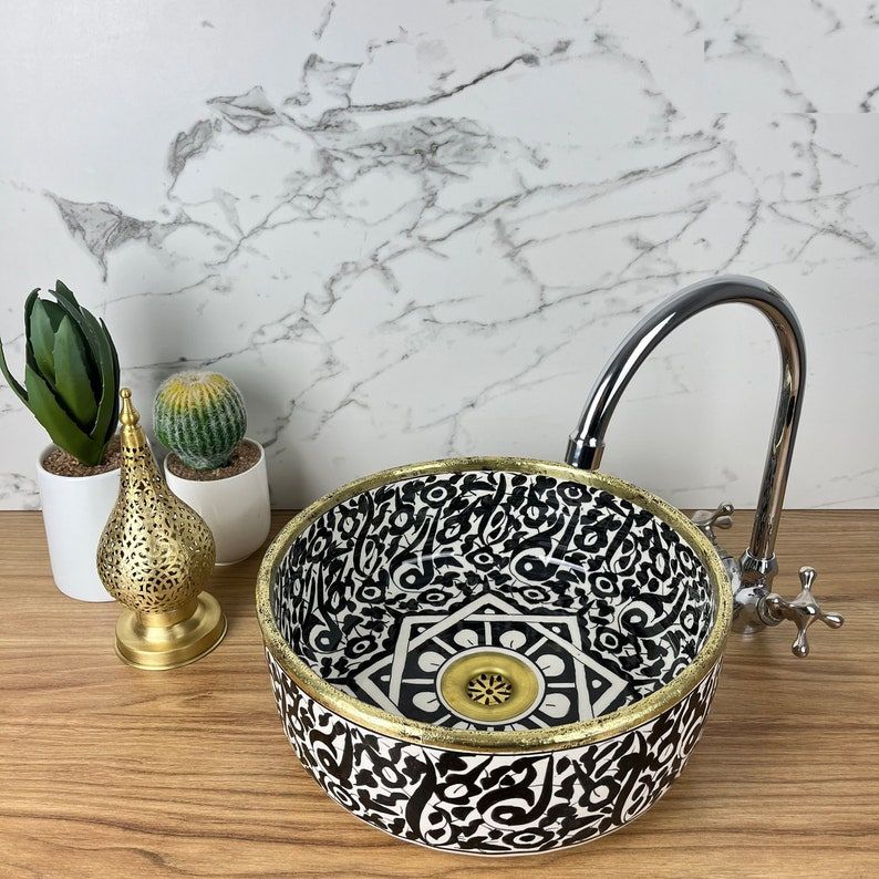 Handmade Moroccan Ceramic Sink brass rim #129C