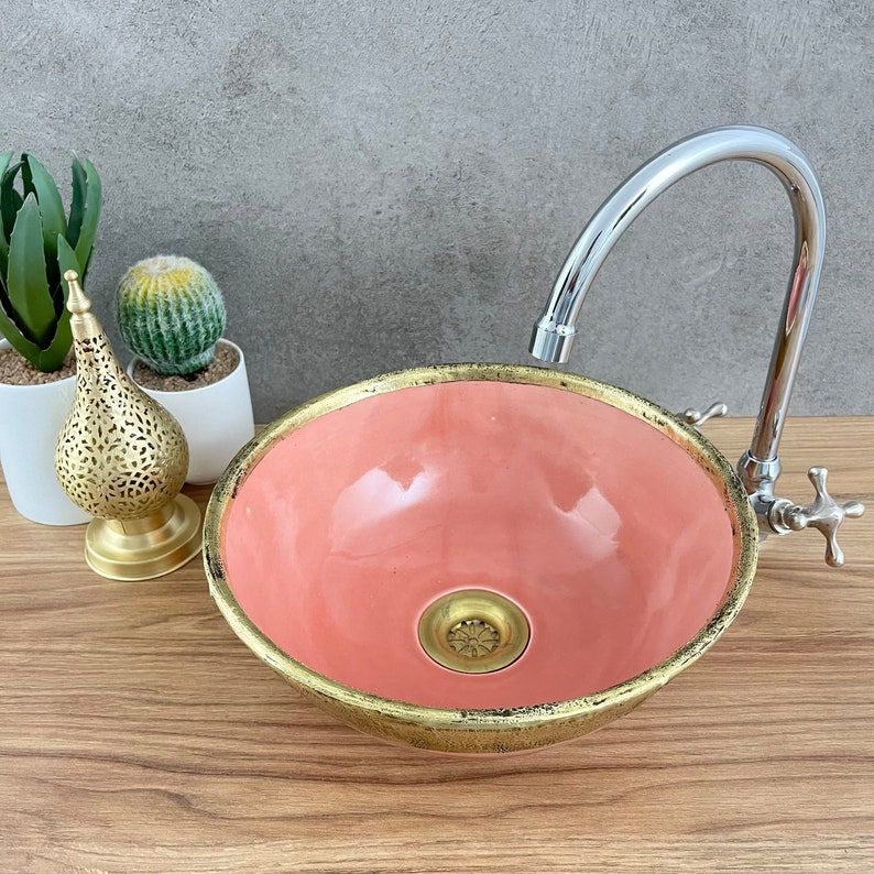 Handmade Moroccan Ceramic Sink Brass rim #127BA