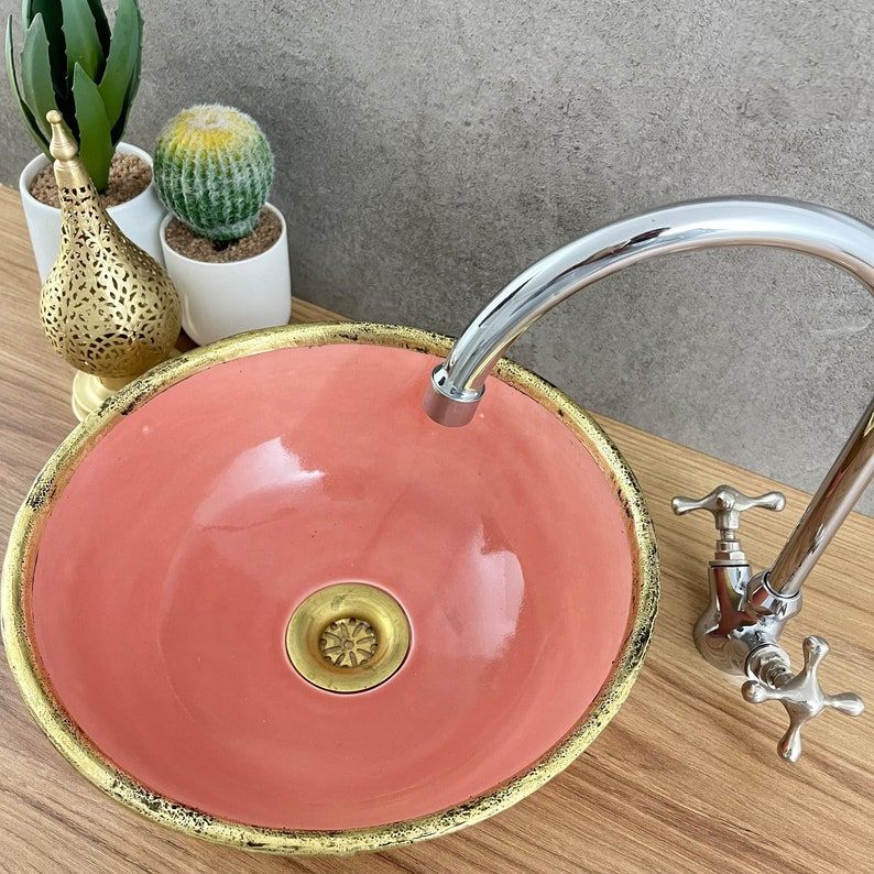 Handmade Moroccan Ceramic Sink Brass rim #127BA