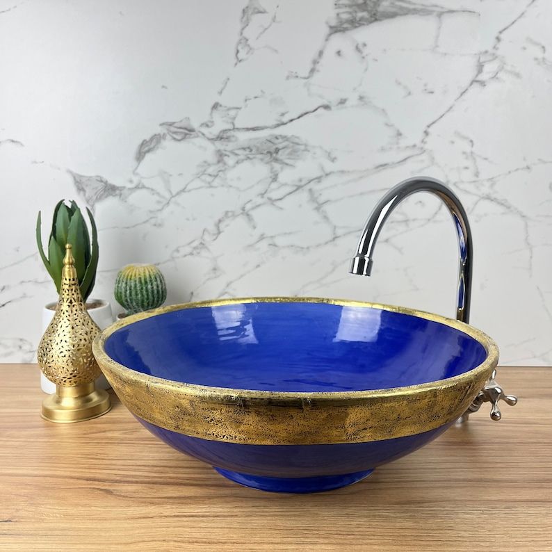 Moroccan sink | moroccan ceramic sink | bathroom sink Brass rim #127BC