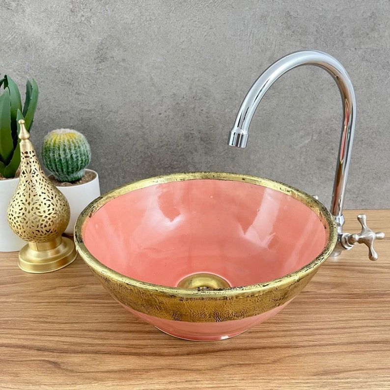 Handmade Moroccan Ceramic Sink Brass rim #127BA