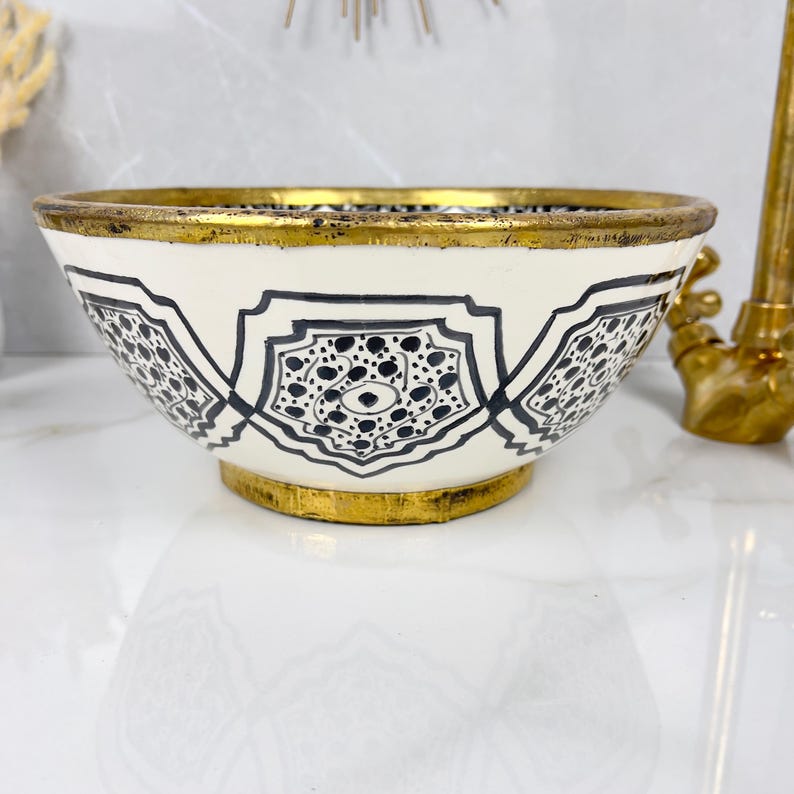 Handmade Moroccan Ceramic Sink Brass rim #284