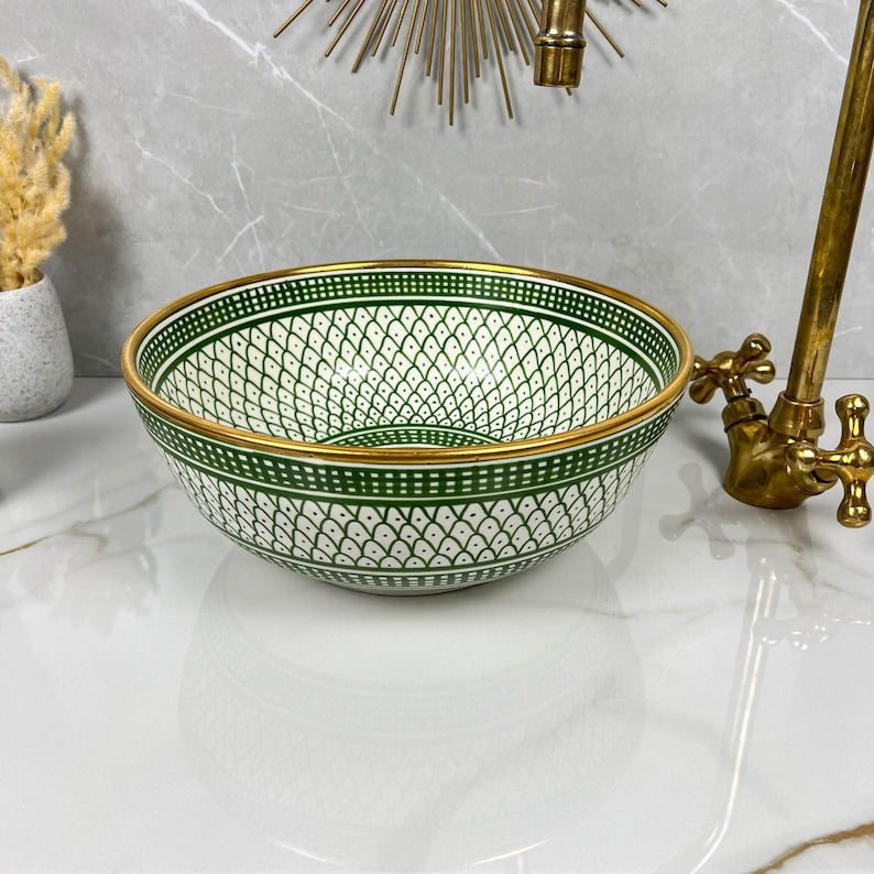 Handmade Moroccan Ceramic Sink Golden Rim 14k Carats #252