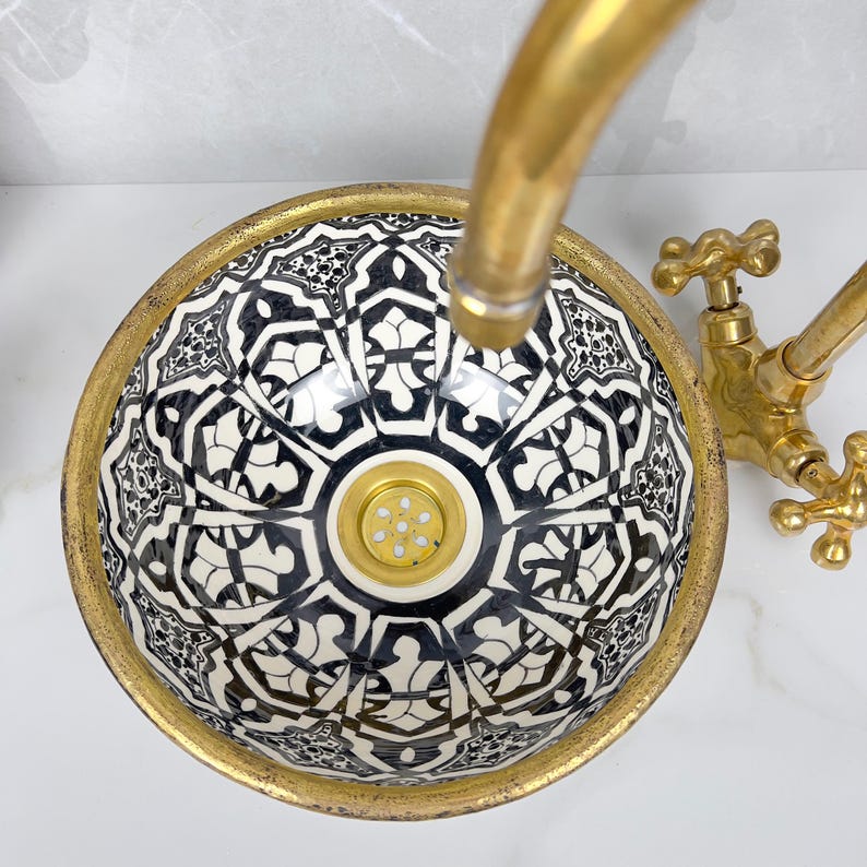 Handmade Moroccan Ceramic Sink Brass rim #284