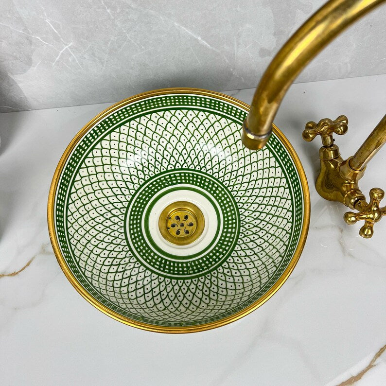 Handmade Moroccan Ceramic Sink Golden Rim 14k Carats #252