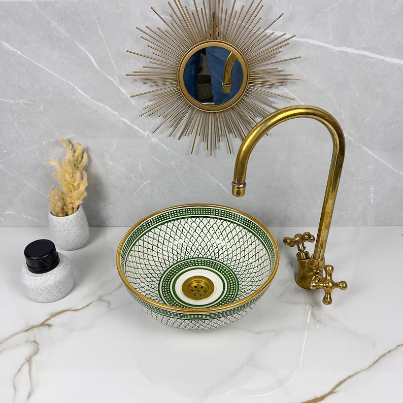 Handmade Moroccan Ceramic Sink Golden Rim 14k Carats #252