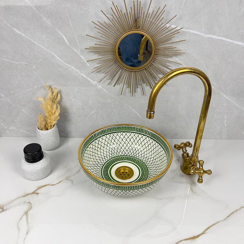 Handmade Moroccan Ceramic Sink Golden Rim 14k Carats #252