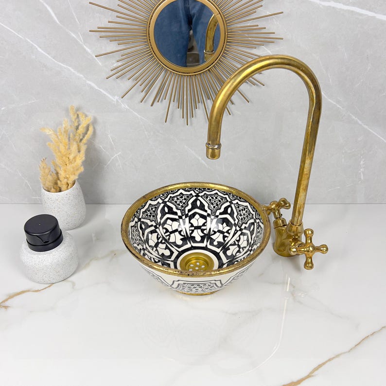Handmade Moroccan Ceramic Sink Brass rim #284