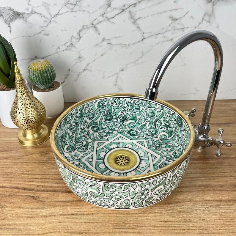  Handmade Moroccan Ceramic Sink Golden rim 14k karat #20M