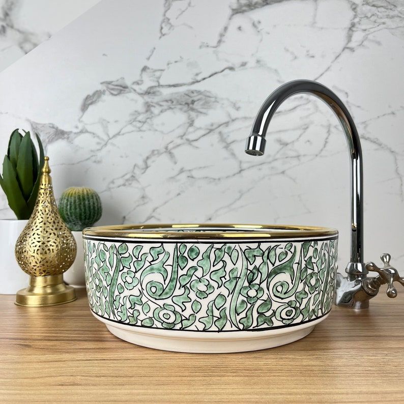  Handmade Moroccan Ceramic Sink Golden rim 14k karat #20M