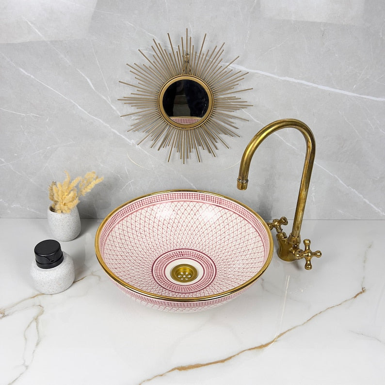 Handmade Moroccan Ceramic Sink Golden Rim 14k Carats #252
