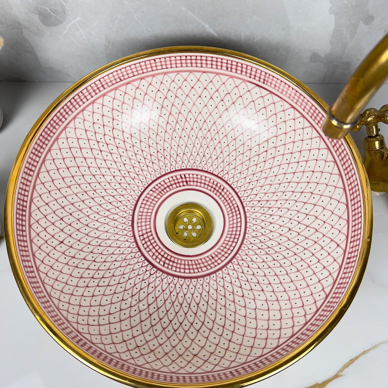 Handmade Moroccan Ceramic Sink Golden Rim 14k Carats #252