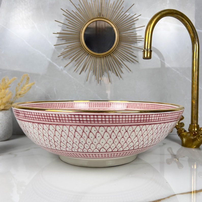 Handmade Moroccan Ceramic Sink Golden Rim 14k Carats #252