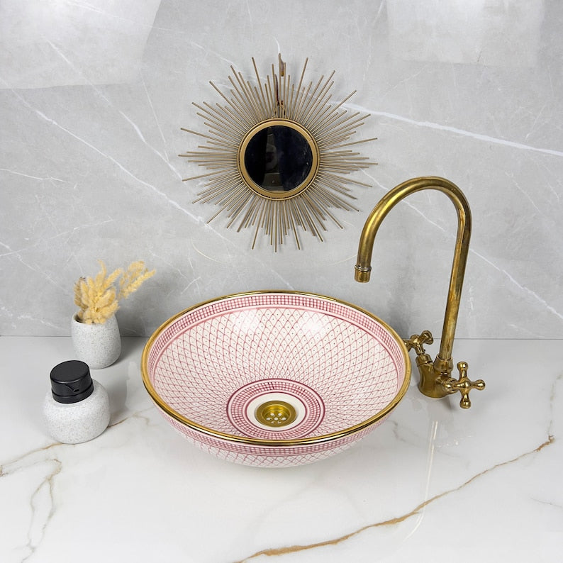 Handmade Moroccan Ceramic Sink Golden Rim 14k Carats #252