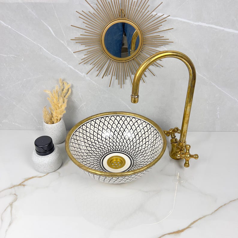 Handmade Moroccan Ceramic Sink Brass rim #284