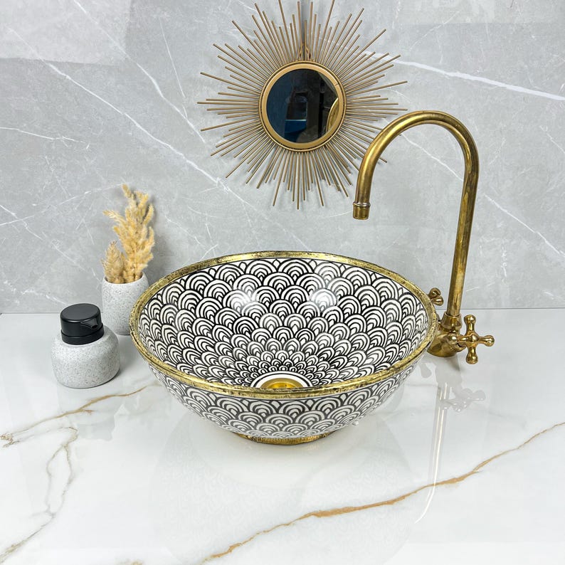 Handmade Moroccan Ceramic Sink Brass rim #284