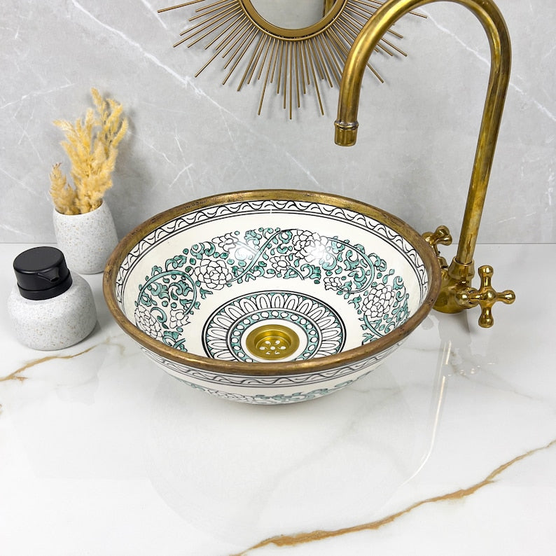 Handmade Moroccan Ceramic Sink Brass rim #284