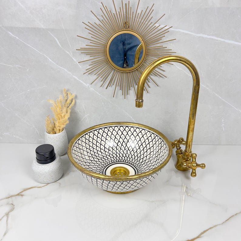 Handmade Moroccan Ceramic Sink Brass rim #284