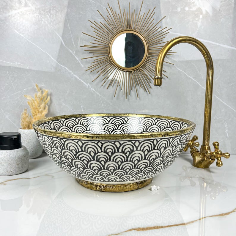 Handmade Moroccan Ceramic Sink Brass rim #284
