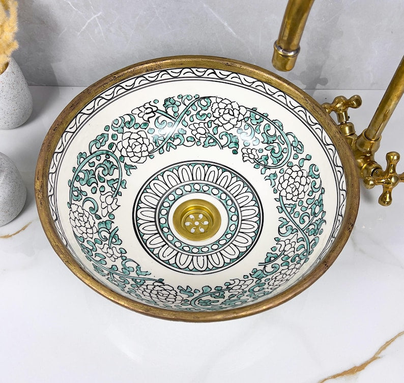 Handmade Moroccan Ceramic Sink Brass rim #284
