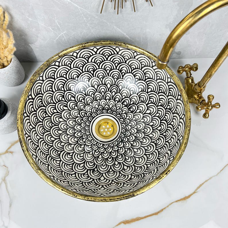 Handmade Moroccan Ceramic Sink Brass rim #284