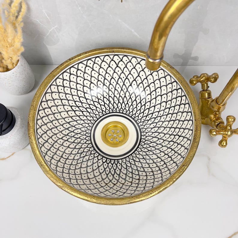 Handmade Moroccan Ceramic Sink Brass rim #284
