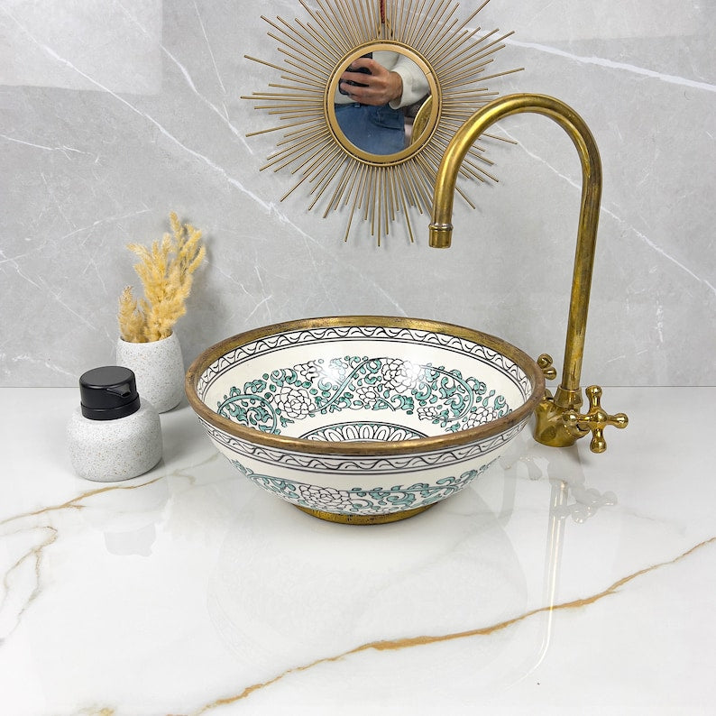 Handmade Moroccan Ceramic Sink Brass rim #284