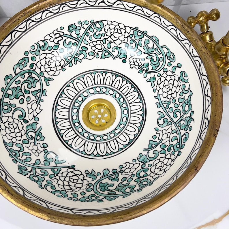 Handmade Moroccan Ceramic Sink Brass rim #284