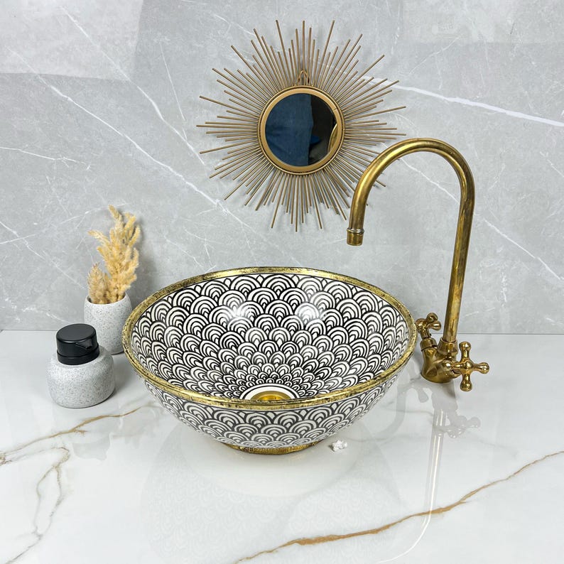 Handmade Moroccan Ceramic Sink Brass rim #284