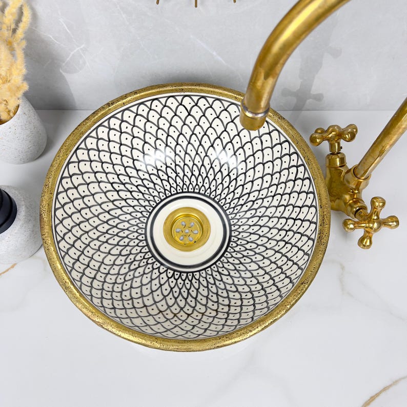 Handmade Moroccan Ceramic Sink Brass rim #284