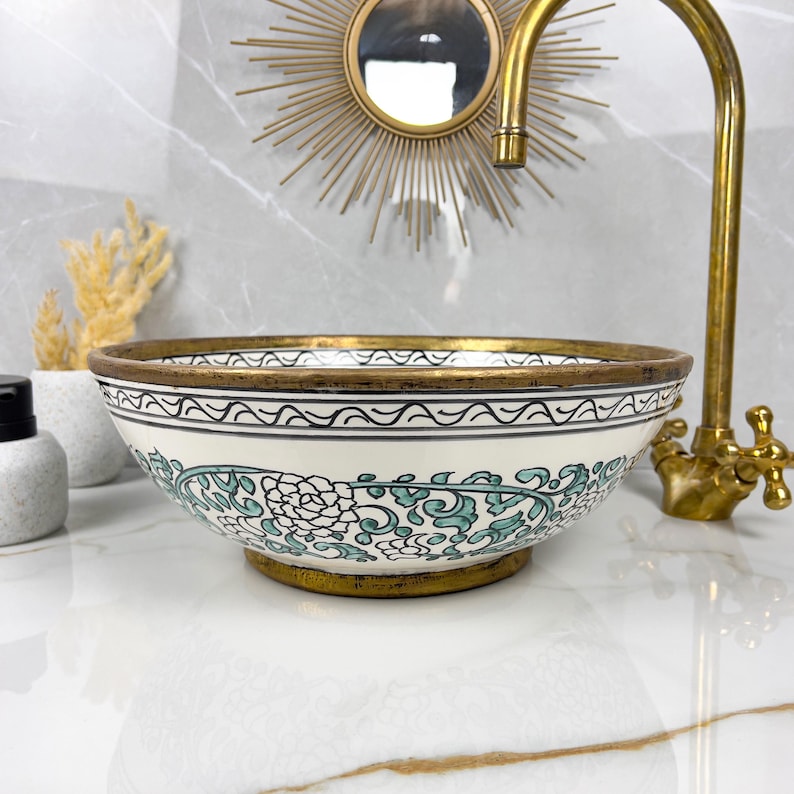 Handmade Moroccan Ceramic Sink Brass rim #284