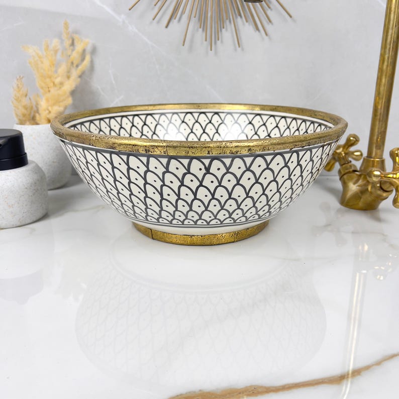 Handmade Moroccan Ceramic Sink Brass rim #284