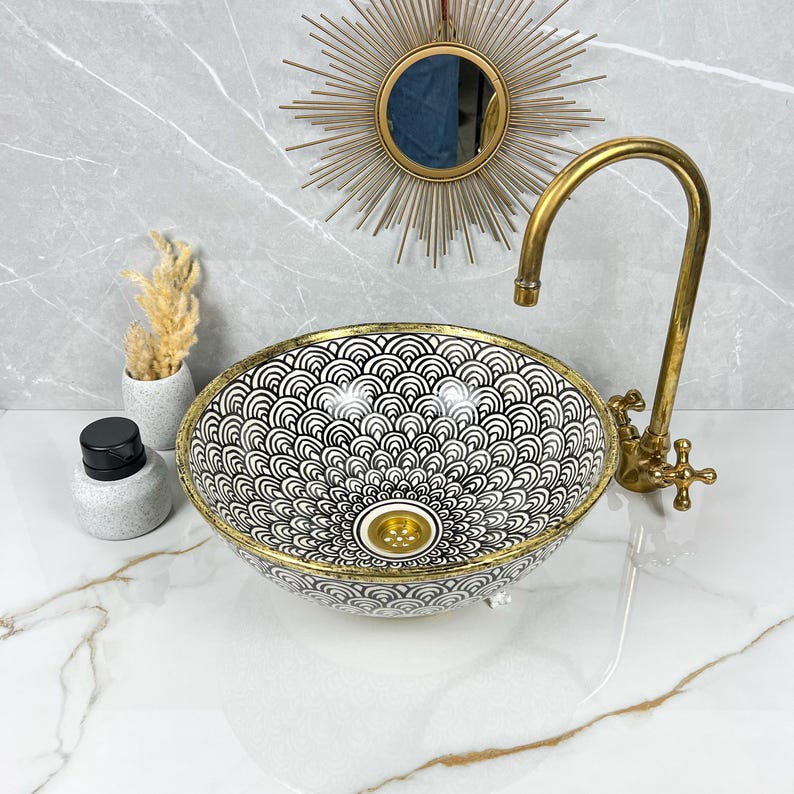 Handmade Moroccan Ceramic Sink Brass rim #284