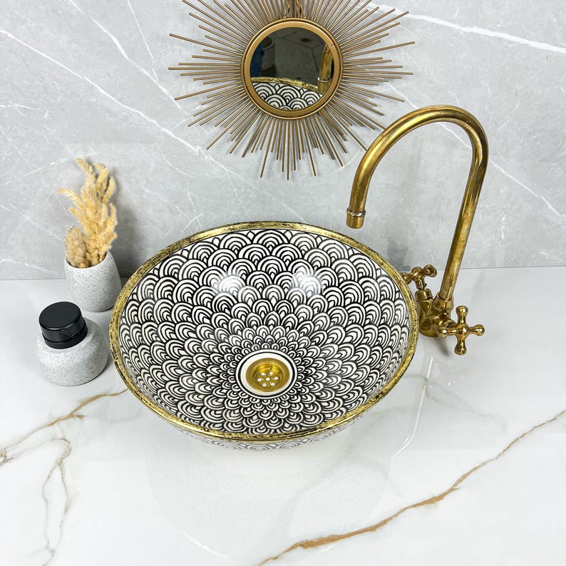Handmade Moroccan Ceramic Sink Brass rim #284