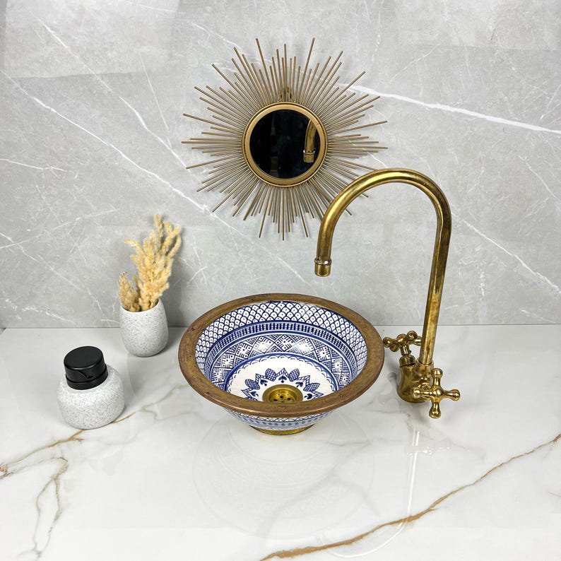 Handmade Moroccan Ceramic Sink Brass rim #284