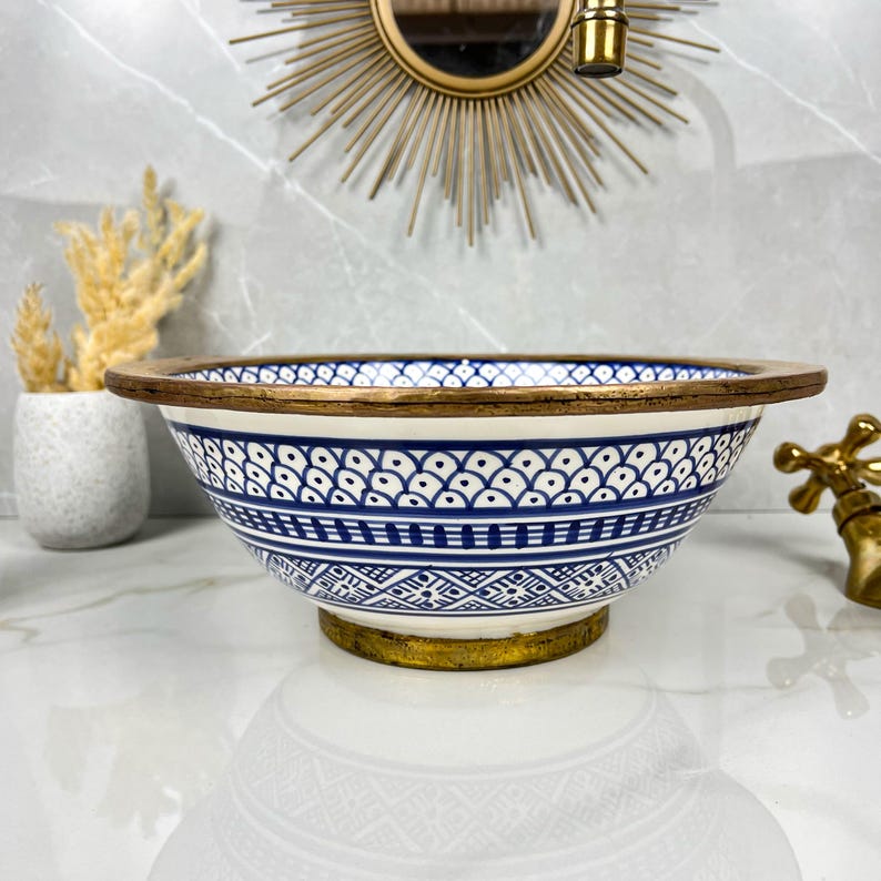 Handmade Moroccan Ceramic Sink Brass rim #284