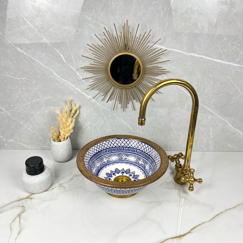 Handmade Moroccan Ceramic Sink Brass rim #284